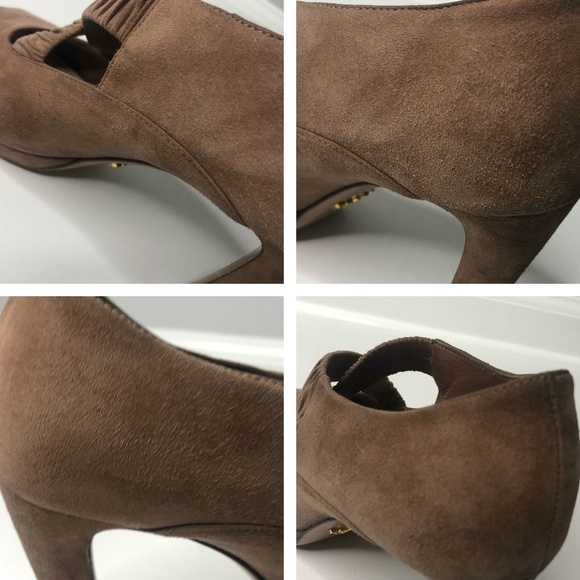 Prada Dark Tan Suede Elastic Ruched Strappy Heels - Picture 10 of 16